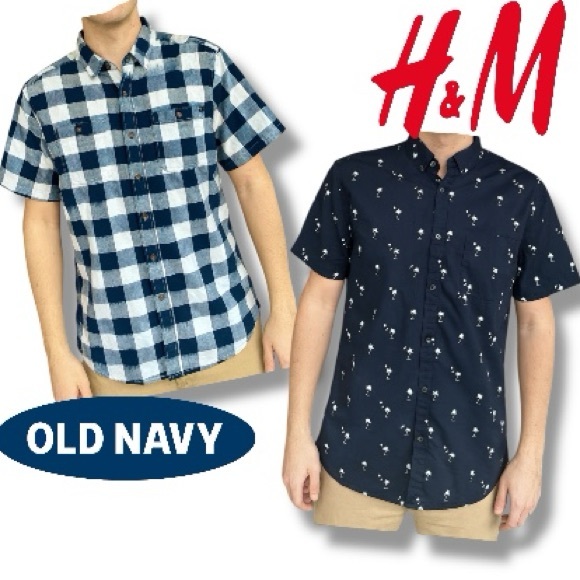 Multiples Other - LOT OF 2 Mens Shirt Short Sleeve Button Up Old Navy + H & M Size Medium